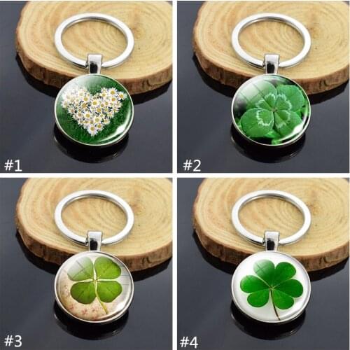 Double Side Keychain Charm Four Leaf Clover Lucky Keychain Clovers Glass Cabochon Keyrings Birthday Gifts Car Keychain