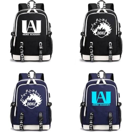 Anime My Boku no Hero Academia Canvas Backpack Mens Travel Laptop bag Student Luminous USB Charging Black Teenager Schoolbag