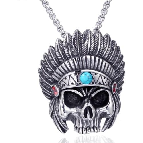 Indian Chief Skull Long Men Necklaces Pendants Chain Punk for Boyfriend Male Stainless Steel Jewelry Creativity Gift Wholesale
