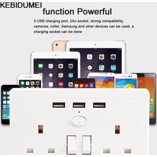 KEBIDUMEI USB Wall socket with 3 USB ports 2 AC Wall Outlet Universal power socket with Switch powercube UK plug socket for home