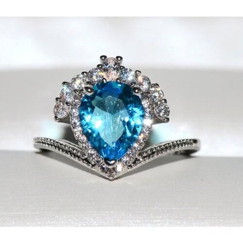 Big Blue Heart Zircon Stone Silver Color Ring for Women Wedding Engagement Rings Fashion Jewelry New