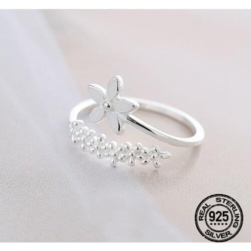 925 Silver White Flowers Womens Rings Cherry Blossoms Sweet Vintage Simple Temperament Opening Adjustable Student Jewelry Gifts