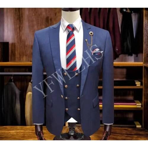 Handsome Groomsmen Peak Lapel Groom Tuxedos Mens Wedding Dress Man Jacket Blazer Prom Dinner (Jacket+Pants+Tie+Vest) A045