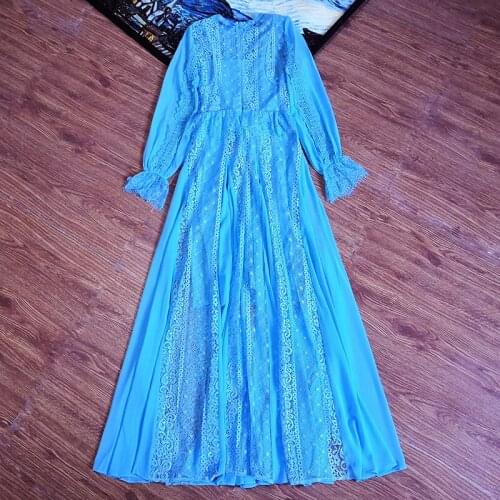 Lace Runway Fashion Blue New Arrivla Autumn Flower Embrodiery Ruffles Holiday Plus Size XXL XXXL Dress