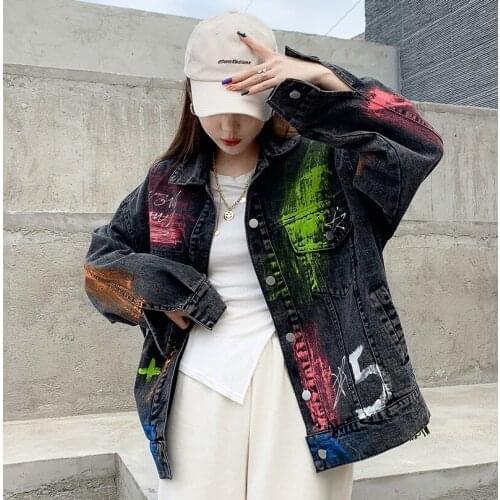 2021 Jacket Denim Fashion Loose Real Shot For Women And Man New Color Printing Hand- Painted Graffiti Hip Hop Free Shipping