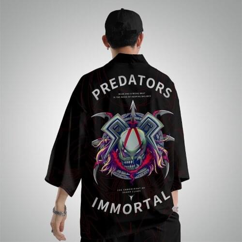 Men Black Print Kimono Haori Yukata Cosplay Fashion Summer Jacket And Pant Suit Tops Kimono