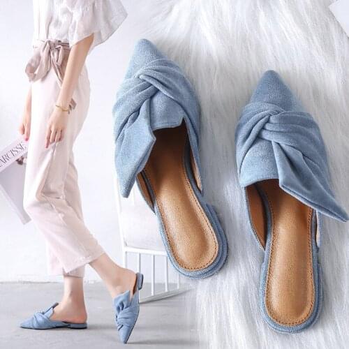 Elegant Ladies Mules Summer Women Slippers Flock Bow-knot Flats Vogue Pointed Toe Ladies Office Shoes Slides Woman Slipper