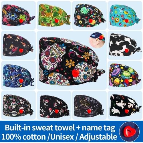High Quality cartoon Animal printing Elastic Scrub hat pet shop laboratory spa working hat beauty salon cute unisex Scrub Cap