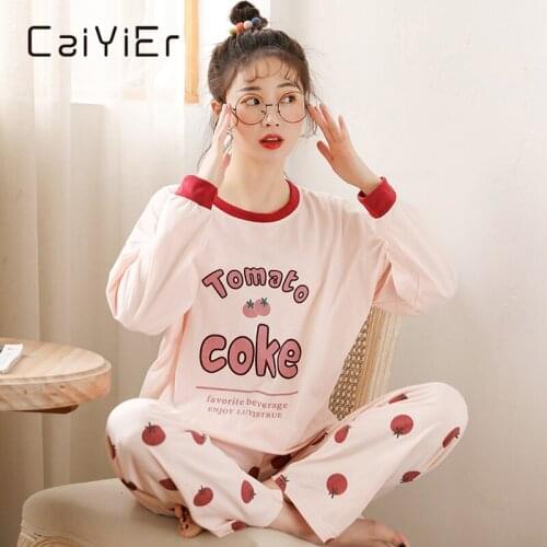 CAIYIER Cartoon Print Pajamas Set For Women O-Neck Long Sleeve Sleepwear Winter Girls Nightwear Casual Warm Home Clothing M-2XL
