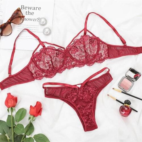 See Through Bra Set Sexy Lace Lingerie Underwear Set Bra and Thong Transparent Lenceria Push Up Bra Womens Panties Set LNE320