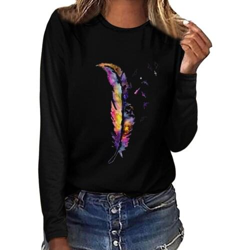 Harajuku Pullovers Tops Tee Shirt Womens Colorful feathers Print O Neck Shirt Long Sleeve Casual Blouse Top толстовка женская