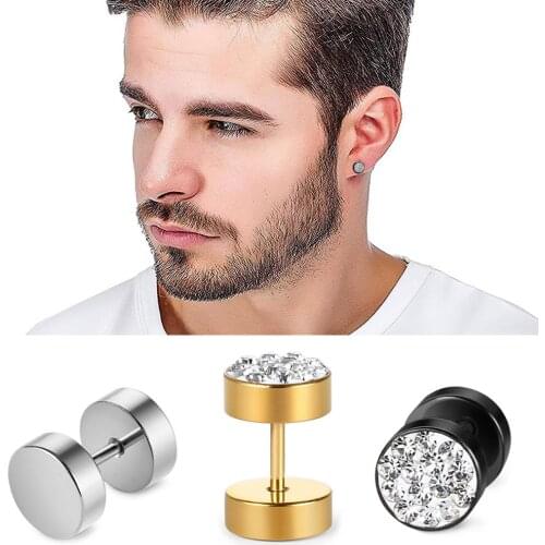 Stainless Steel Mens Earrings Black/Gold/Silver Color Stud Earrings for Boys Czech Crystals Ear Plug Ear Studs Piercing Jewelry