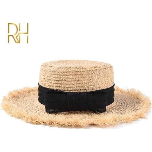 New Women Raffia Hats With Elegant Bow Korean Straw Hat Female Flat Top Panama Hat UV Protection Summer Holiday Hats RH
