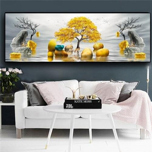 Nordic Modern Home Decor Poster Gold Elk Tree Stone Landscape Canvas Painting On The Wall Art Picture for Living Room Bedroom