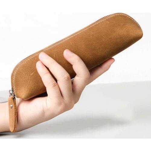 Coin Purse bag cowhide storage bag brown leather stationery pen holster glasses bag crazy horse zipper pencil case keys case