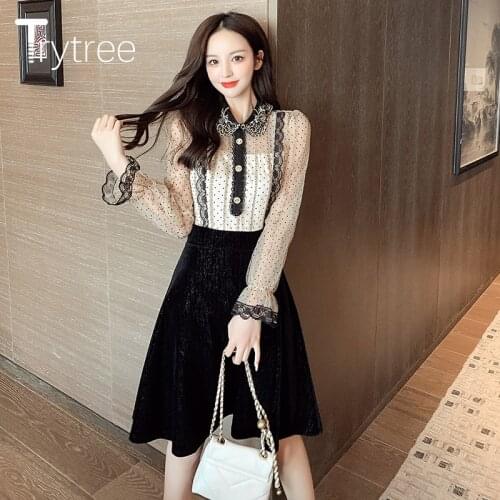 Trytree 2021 Spring Summer Womens Dress Casual Embroidery Turn-down Collar Dot Mesh Patchwork Shinny A-line Hem Shirt Dress