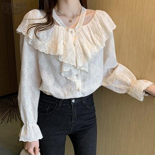 Elegant Puff Long Sleeve Women Shirts New Hollow Out Ruffle Stitching Apricot Blouse Women Loose V Neck Clothing Blusas 15776