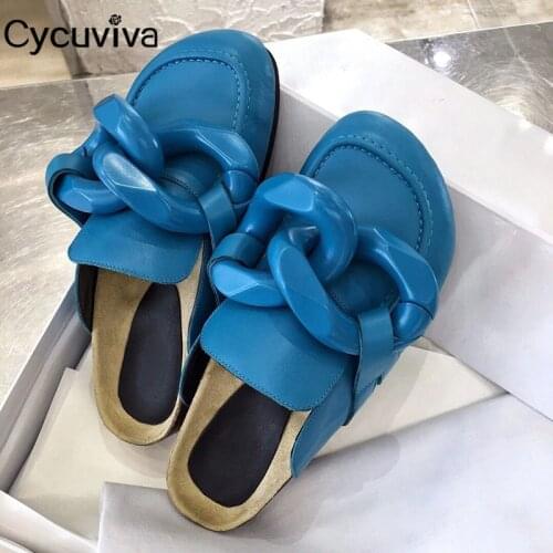 High Quality Half Flat Slippers Women Leather Loafers Wrap Toe Mules Metal Decor Shoes Ladies INS Fashion Beach Shoes Woman