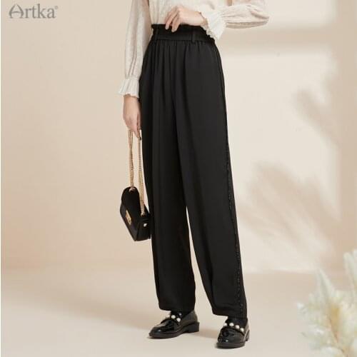 ARTKA 2021 Autumn New Women Pants Fashion Casual Black Straight Pants Elastic High Waist Loose Trousers With Pockets KA20012D