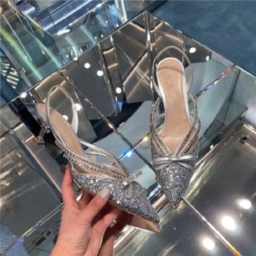 Summer new style pointed sequins rhinestone stiletto high heel bridal wedding shoes Baotou banquet dress all-match female sandal