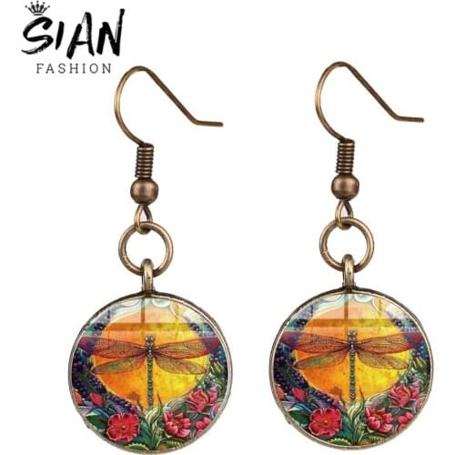 SIAN Vintage Garden Dragonfly Earrings Insect Art Picture Glass Round Handmade Bronze Silver Color Long Earings Fashion Jewelry