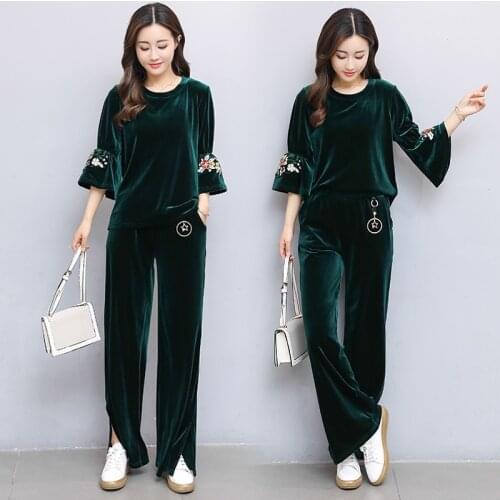 Female Autumn Winter Leisure Suits Women Fashion Velvet Suit Two Piece Set Velvet Embroidery Top + Wide Leg Pant Plus Size 3XL