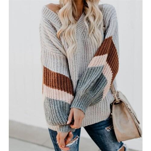 Sweater Female 2019 Autumn And Winter Striped Color Matching Sweater Womens Casual Batting Sleeve V-Neck Knitted Pullover W1157