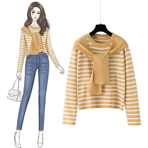 Womens Thin Spring Korean 2021 New Knitted Top Striped Slim Long-sleeved Short Sweater Ice Silk Soft Comfortable Knitwear Sweet