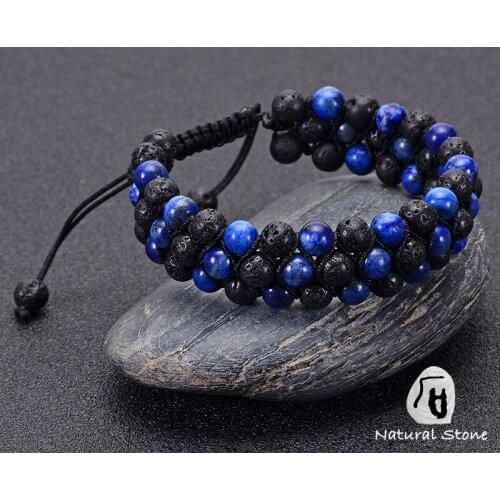 2020 New Natural Stone Bracelet for Men Fashion 3 Layers Lapis Lazuli Lava Stone Beads Bracelet Blue Black Color Jewelry Gifts