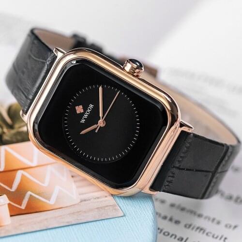 WWOOR New Square Watch For Women Fashion Black Leather Quartz Wristwatches Ladies Dress Casual Waterproof Clock Gift Reloj Mujer
