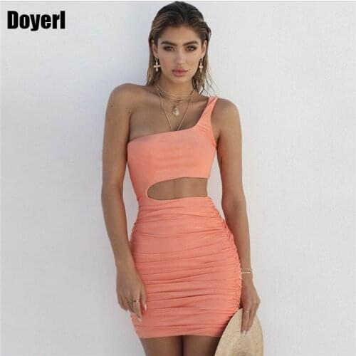 Elegant Party Bodycon Dress Women One Shoulder Dress 2020 New Sleeveless Stretchy Slim Pleated Nightclub Sexy Summer Mini Dress