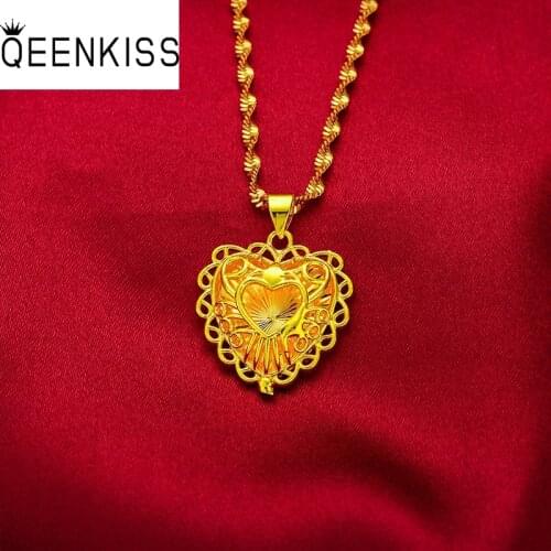 QEENKISS PT556 Fine Jewelry Wholesale Fashion Woman Girl Birthday Wedding Gift Vintage Heart 24KT Gold Pendant Charm NO Chain