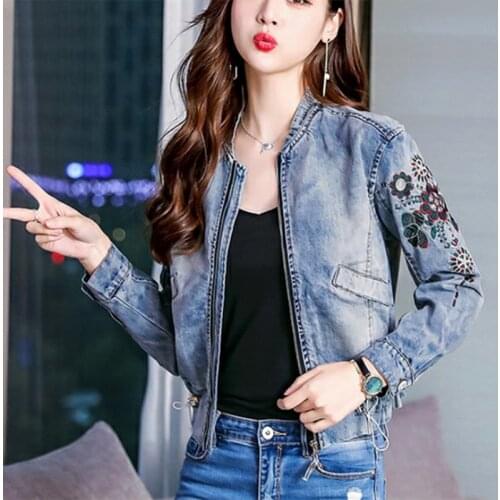 Autumn Spring Embroidery Women Denim Jacket Print Floral Zipper Jeans Jackets Vintage Slim Female Long Sleeve Short Coat Outwear