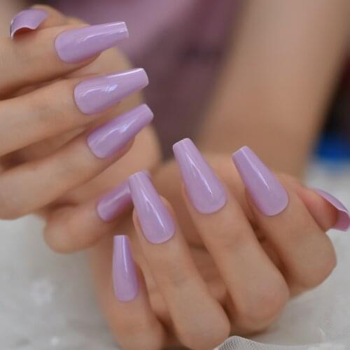 Lavender Purple Coffin False Nails Long Ballerina Shape Solid Color Thick Reusable Artificial Acrylic Nails and Gel Manicures 24