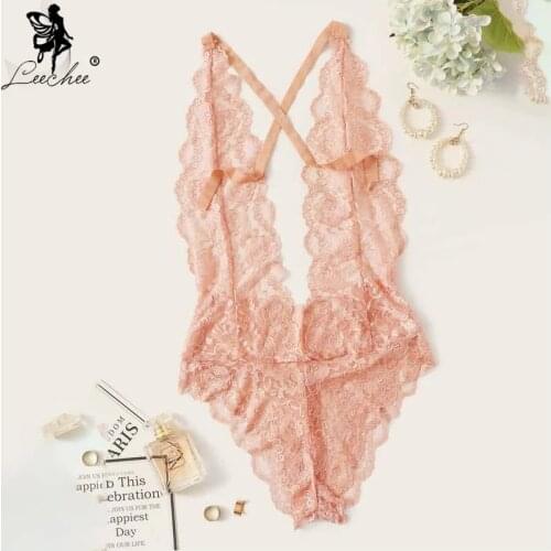 Leechee Sexy Bodysuit Women Backless Jumpsuit Summer Halter Cuddly V Neck Sheer Body Suit Jumpsuit Lace Overalls Transparent