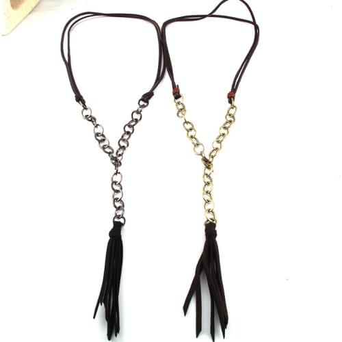 MOODPC Fashion Bohemian Jewelry Leather and Chain Link Tassel Necklace For Women Jewelry