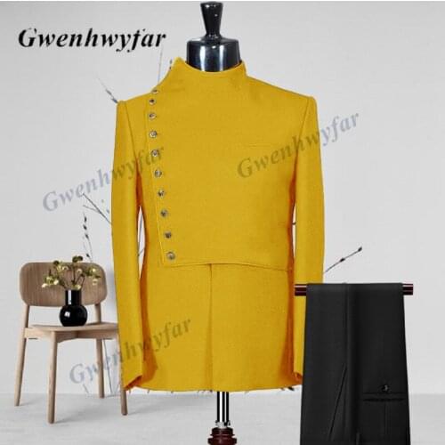 Gwenhwyfar Tailor-made Suits of Men Yellow Red Purple Black Navy Green 2021 Autumn High Neck Blazer Pants Topic Party Tuxedos