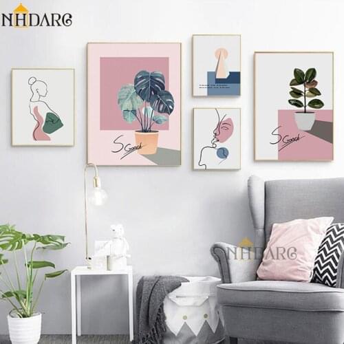 NHDARC Wall Poster Pictures Art Canvas Print Painting Nordic Pink Pure Fresh Plant Modern Abstract for Living Room Home Decor