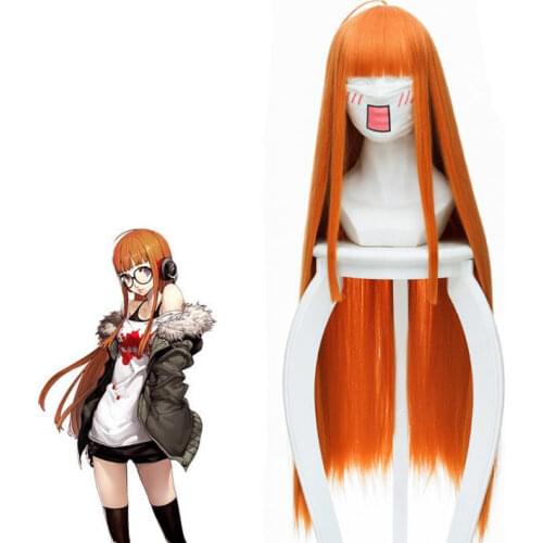 Anime 90cm Long Straight Wig Cosplay Persona 5 Futaba Sakura Orange Costume Heat Resistant Synthetic Hair Women Cosplay Wigs