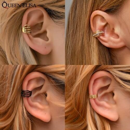 QUEEN ELISA 1PC Geometric Ear Cuff for Women Gold Color Metal Crystal Clip on Earrings Without Piercing Fake Jewelry 2021 New