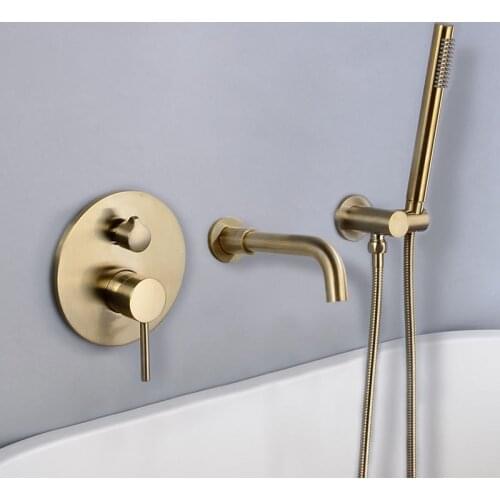 Bathroom Bathtub Shower Faucet Set Solid Brass Hot & Cold Shower Mixer Tap With Handheld In-Wall Type Rotating Brushed Gold