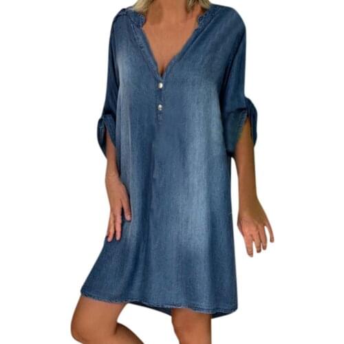 Fashion Spring Summer Womens Dress New Denim Dress V Neck Half Sleeve Loose Turn-down Collar Long Sleeve Cotton Blue Dress