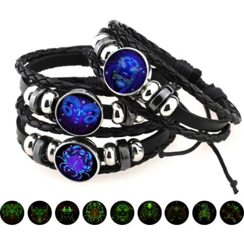 Luminous 12 Constellation Zodiac Sign Leather Bracelet Black Woven Bracelets for Men Women Fashion Glow Jewelry Accessories Gift