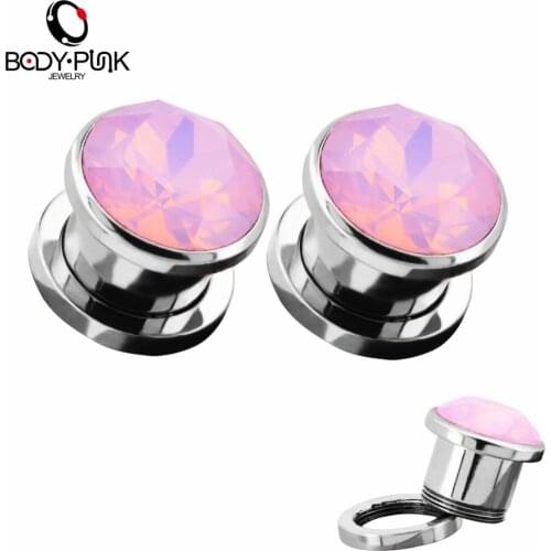 BODY PUNK Cute Lovely Style 316L Stainless Steel With Pink Opal Rhinestone Ear Plugs Tunnels For Women Piercing Jewelry
