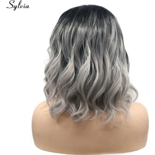 Sylvia Side Parted Handmade Lace Front Wigs For Women Cosplay Party Black Roots Ombre Gray Short Bob Synthetic Hair Natural Wave