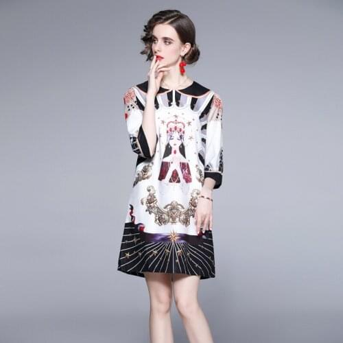 Womens Summer Dress Korean Comic Style Round Neck Print Three-quarter Sleeve Short Dress New Casual Female Slim Dresses X034