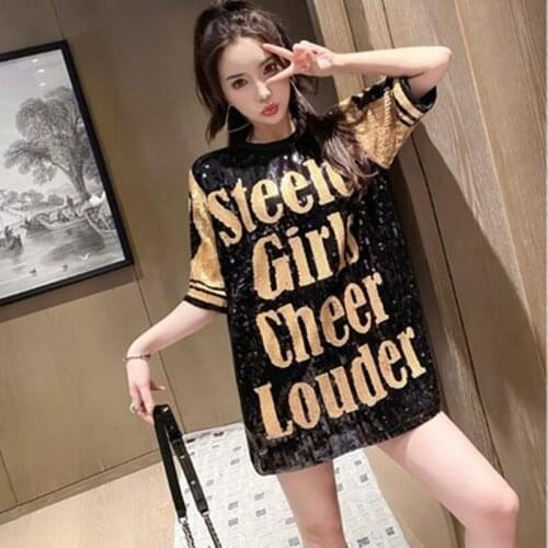 Loose Fashion Straight Number Letter Half Sleeve O-neck High Street Black Free Size Summer Women Sequined Dress 9750