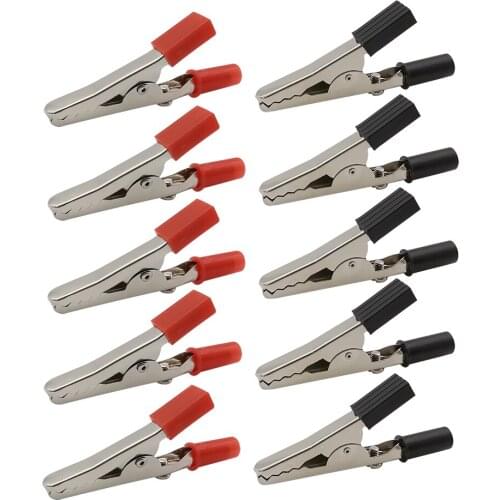 10PCS 50mm Red and Black Plastic Handle Test Probe Metal Alligator Clips Insulated Crocodile Clip Cable Test Electrical Clamp