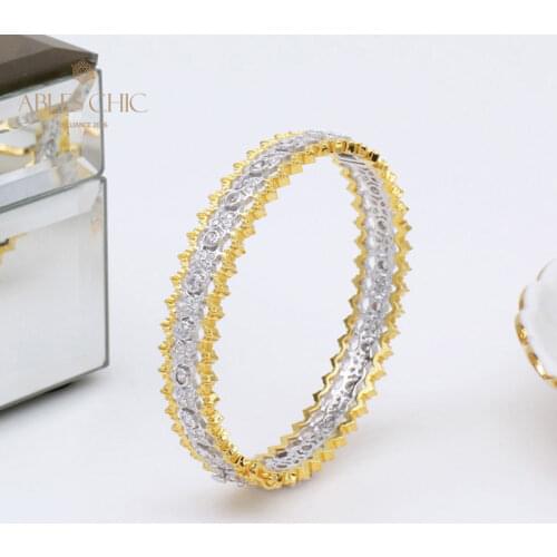 18K Gold Tone Floral Rims Bezel CZ Inlay Bridal Bangle 925 Silver Wedding Filigree Airy Light Bracelet Renaissance Fine Jewelry