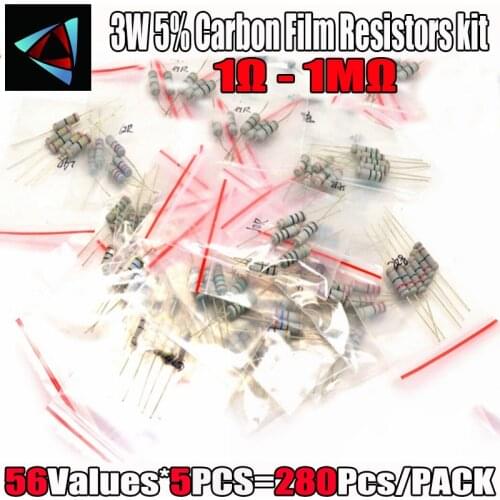 280Pcs 3W 5% 56 Values*5pcs Carbon Film Resistors 1 Ohm ~ 1M ohm 5% Metal Oxide Film Resistor kit
